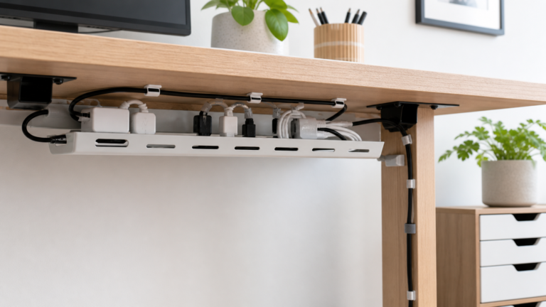 cable management kit uk under a tidy home office desk