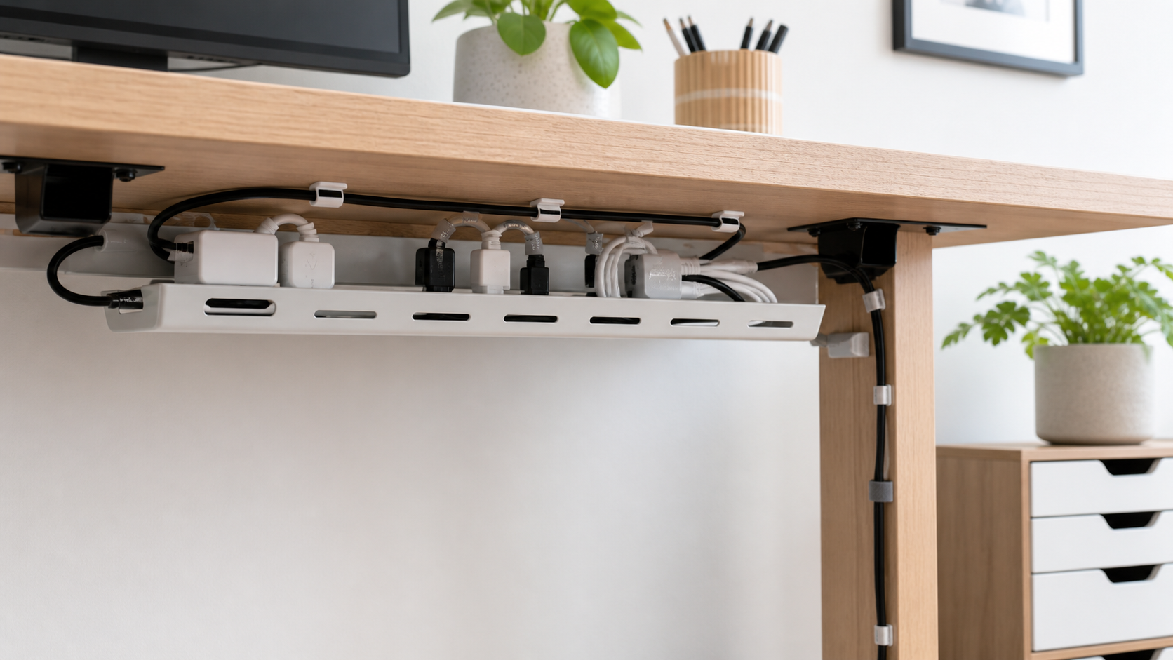 cable management kit uk under a tidy home office desk