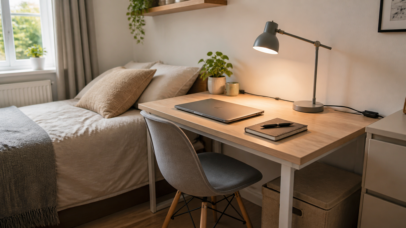 small bedroom office ideas uk with compact desk and calm storage