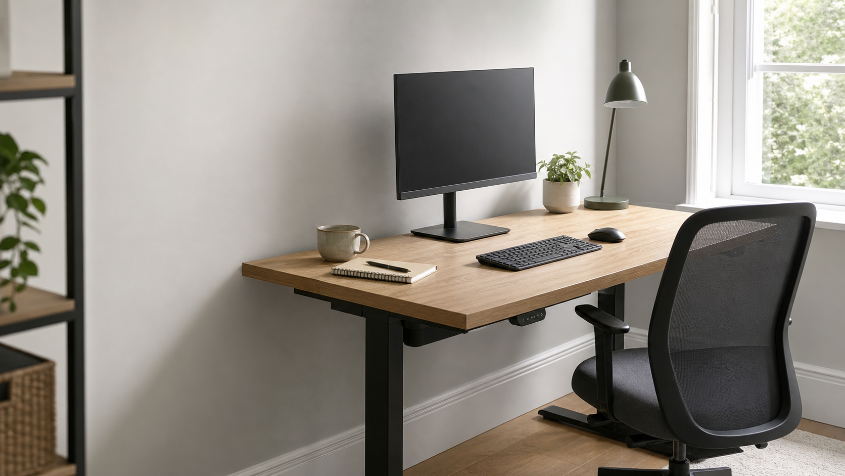Minimalist UK home office with a compact desk, tidy cables and natural daylight