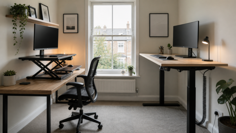 desk converter vs standing desk uk comparison in a small home office